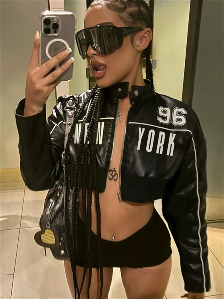 kliou Letter PU Patchwork Women Coats Hipster Button Zip-up Full Sleeve Crop Jackets Trend Cool Street Outwear Spring 260306