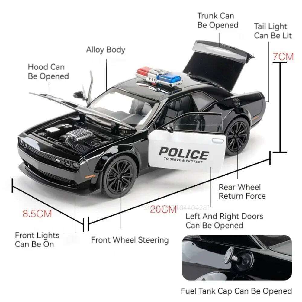 1:22 Hellcat Challenger SRT Cars Toys Diecast Police Car Front Wheel Steering Doors Opened Sound Light Model Friend's Gift Z260307