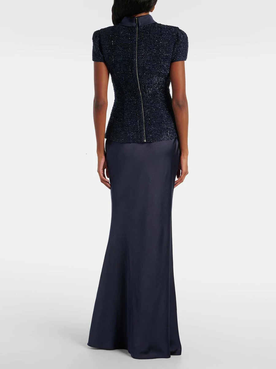VGH Chic Two Piece Sets for Women Stand Collar Short Sleeves Spliced Pocket Tweed Top High Waist Maxi Skirts Vintage Suit Female 260304