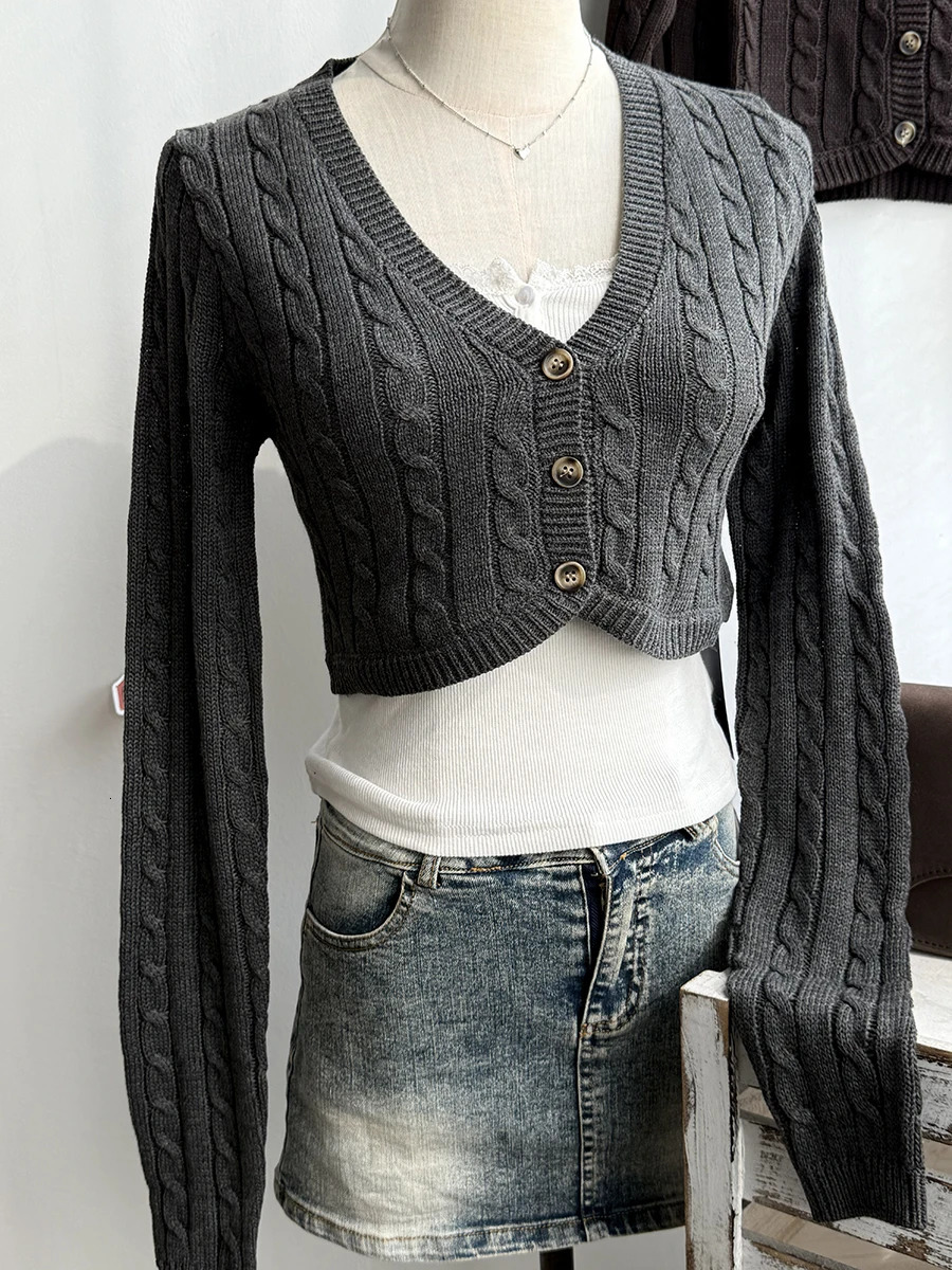 Twisted Flower Cropped Knitwear Women Cotton Vneck Single Breasted Long Sleeve Slim Crop Tops Vintage Chic Sweater Cardigan Y2K 260306