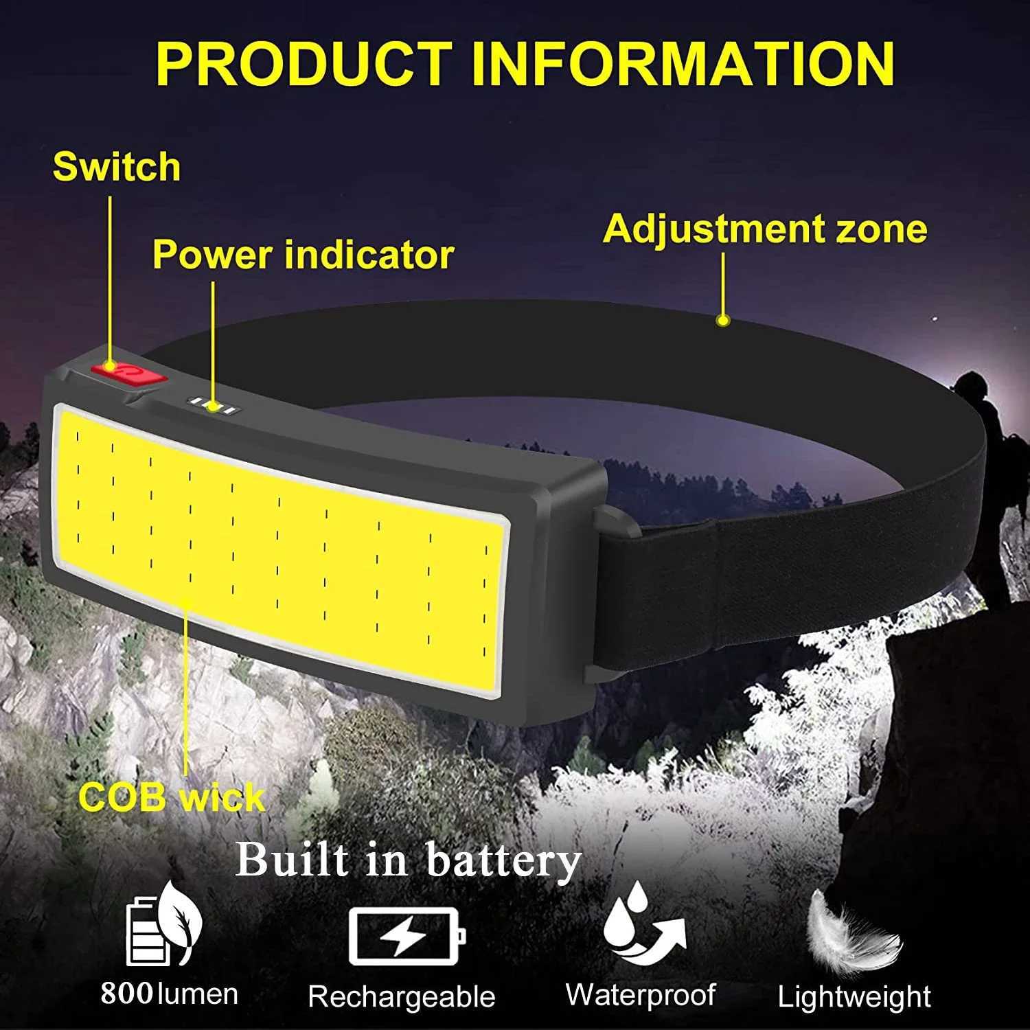 COB 180 Floodlight LED Headlamp FlashlightFlashlight 3 Modes Built-in USB Rechargeable Battery Head Lamp Hiking Camping Lamp H260307