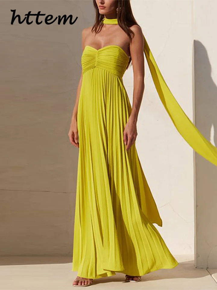 Elegant Strapless Ribbon Long Dress Women Sexy Sleeveless Backless Pleated Party Dresses Summer Lady Evening Robes 260306