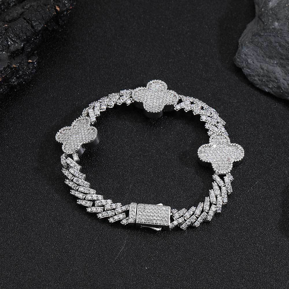 Bracelet Hip-Hop Spring Buckle Four-Leaf Clover Diamond Cuban Bracelet Chain Zircon High-End Versatile Men's Bracelet