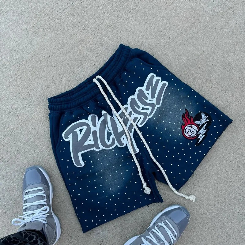 Y2K Harajuku Men Shorts Rhinestone Letter Print Cotton sweatpants Fashion Hip Hop Basketball Streetwear Loose Casual Shorts 260306