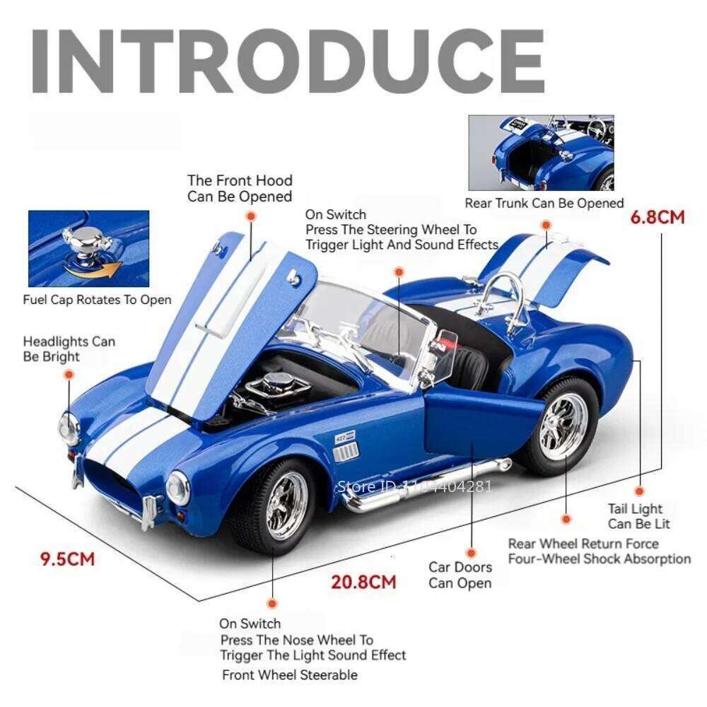1:24 Shelby Cobra Phantom Miniature Toys Car Diecast Alloy Model Doors Opened Sound Light Pull Back Vehices Kids Christmas Gifts Z260306