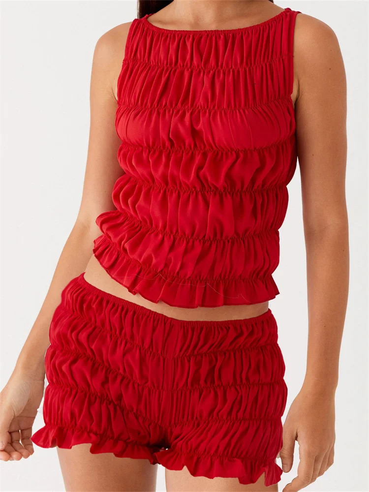 Womens 2 Piece Lounge Outfits Sleeveless Solid Color Ruched Tank Tops Shorts Sets 260306