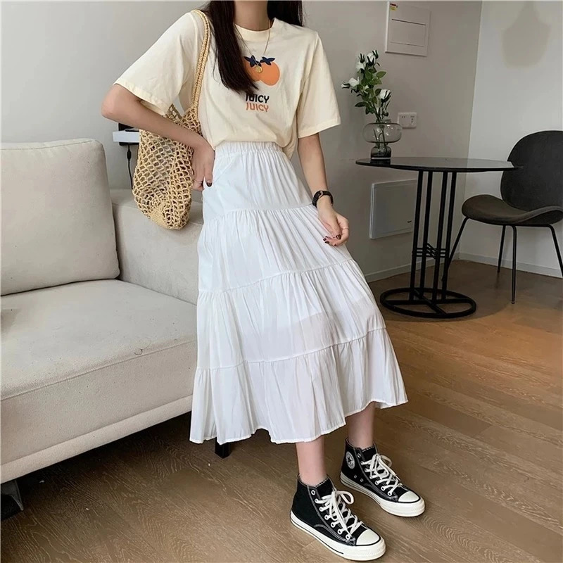 Spring Summer Women Chiffon Skirts Vintage High Waist Elastic Patchwork White Black Chic Long Cake A-line Skirt for Student 260228