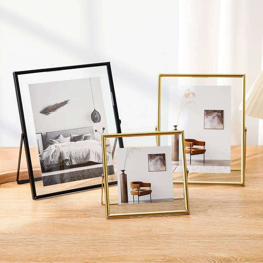 4/6Inch Metal Photo Gold Black Rectangle Acrylic Transparent Surface Folding Picture Frame for Home Desktop Decoration H260306