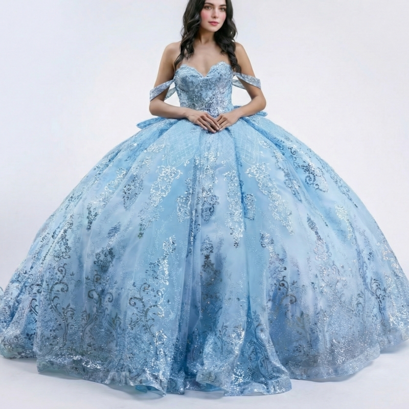 Light Blue Shiny Quinceanera Dresses Ball Gown Off The Shoulder Sequin Applique Lace Beading Crystal Bow Tull Corset Party Birthday Sweet 16 Dress Ves