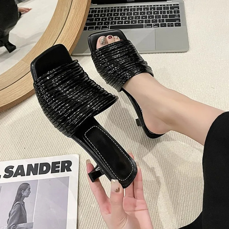 Square Toe Stiletto Sandals for Women Summer Shiny Solid Color High Heels Casual Half Slippers Shoes for Women Sandals 260306