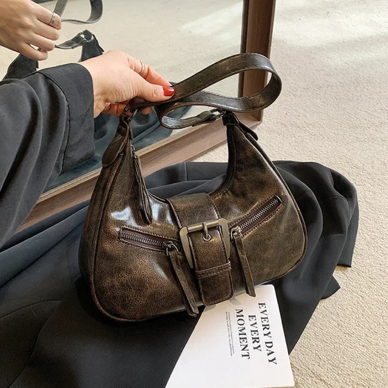 Retro Belt PU Leather Shoulder Bags for Women Y2K Small Vintage Female Underarm Crossbody Bag Fashion Handbags 260306