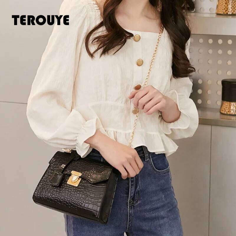 Chic Crocodile-Embossed Mini Handbag Solid Color Twist Lock Closure Handbags Tote Bag For Women Purse TEROUYE