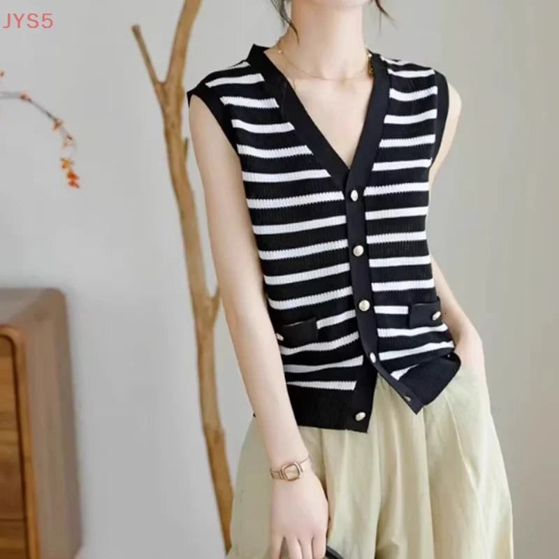 French Light y VNeck Black And White Striped Knitted Vest For Women In Summer 260306