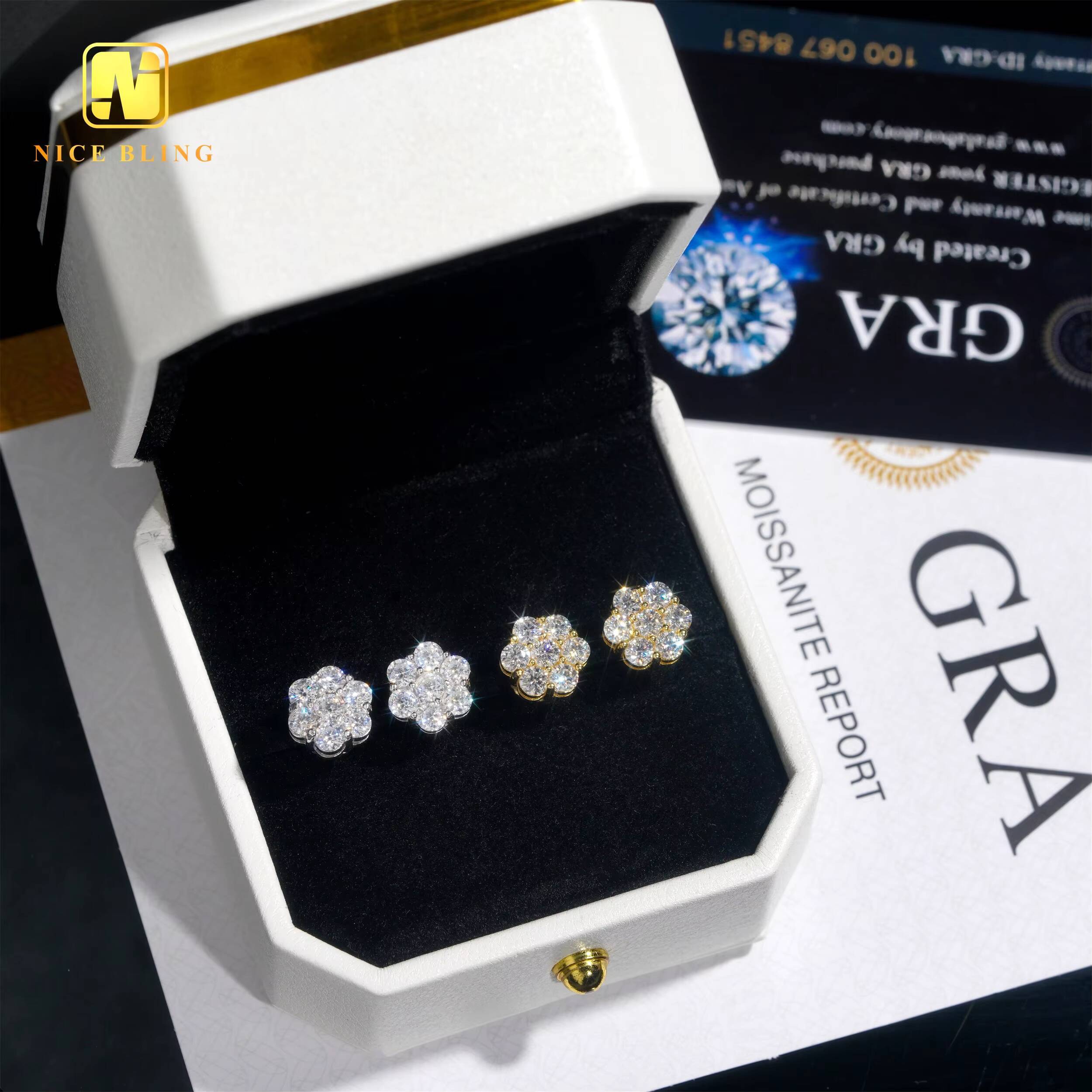 9MM Flower Earrings Trendy Silver Jewelry Hip Hop Fashion Cluster Earrings Moissanite Diamond Ear Studs for Men Women