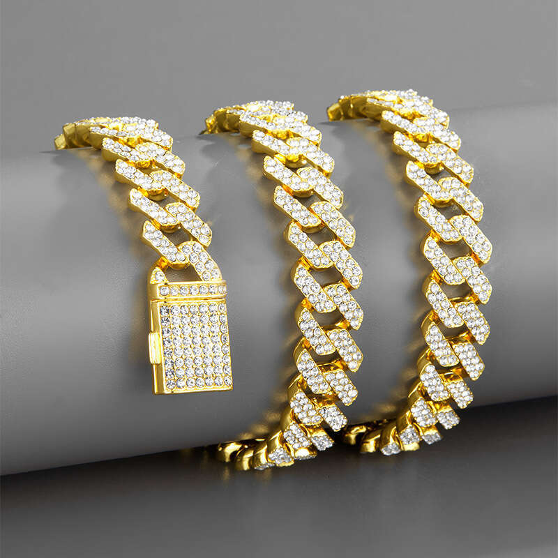 Cross-Border Hot-Selling Hip-Hop Style Full Necklace Rhombus Versatile 12mm with Diamond High-End Cuban Chain Jewelry Wholesale