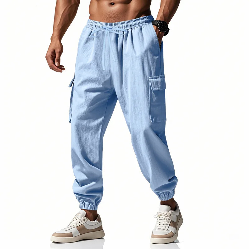 2026 mens casual multi-pocket trousers male closed-placket tethered cotton and linen straight-leg leggings Men Mens 260305