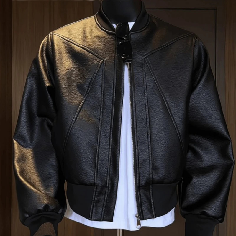 American Trend Retro Crack Leather Versatile Casual Jackets Stand Collar Leather Bomber Mens Fashion Commuter Leather Coat 260306