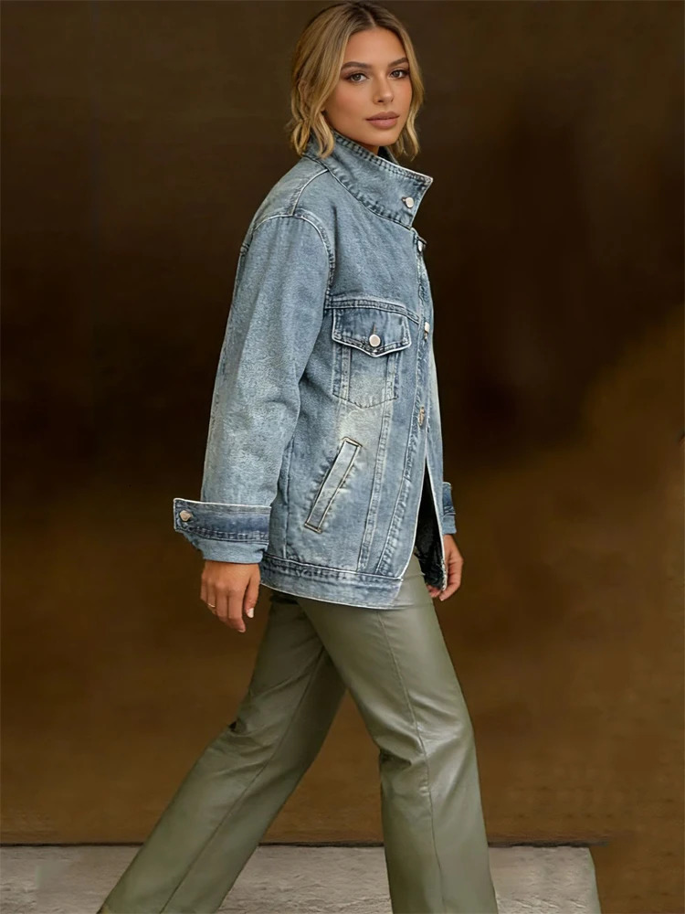 Women Stand Collar Denim Jacket Chic Long-sleeved Irregular Single Breasted Casual Loose Jackets 2026 Lady Commute Street Coat 260303