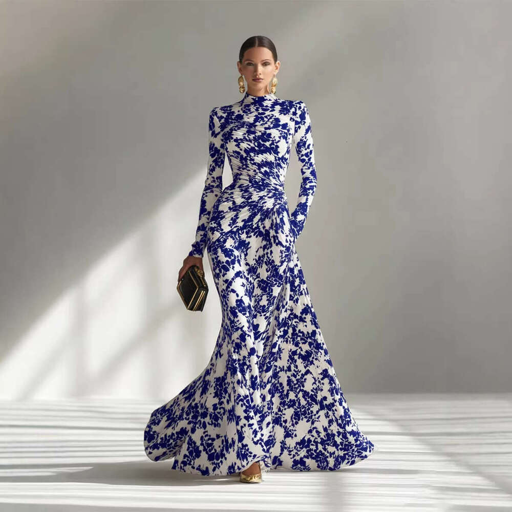 European American Spring And Autumn Fashion Women's Long-Sleeve Printed Pleated Long Elegant Gown Dress