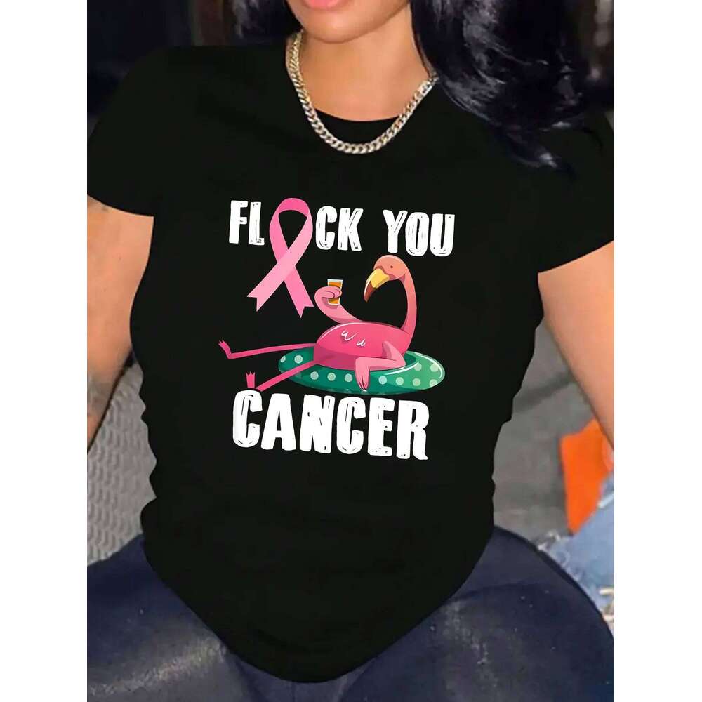 Flamingo Pink Ribbon Print Round Neck Casual T-Shirt Women's Fashion Top for Spring Summer XJ260306