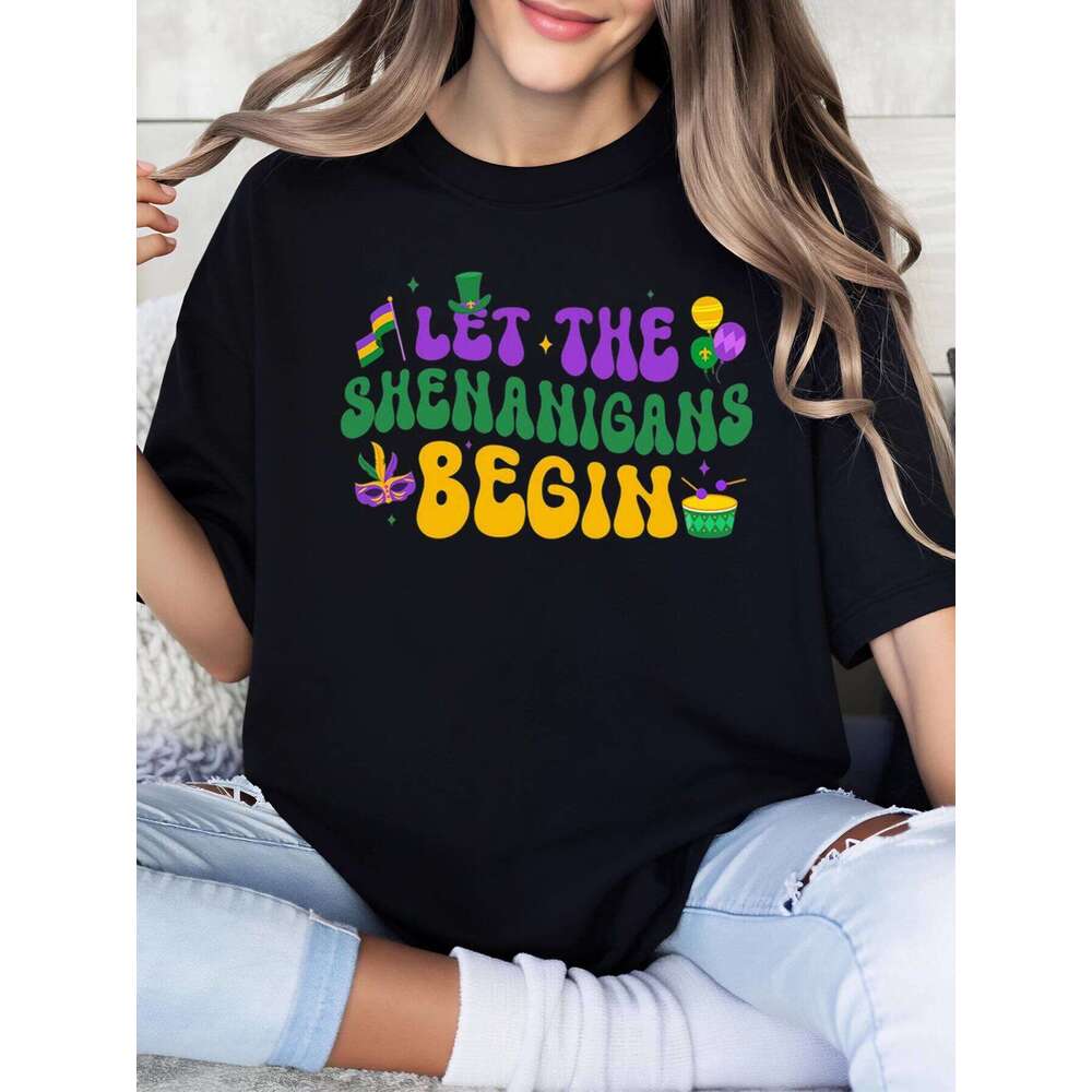 Let the Shenanigans Begin Mardi Gras Print t Shirt Women Casual Party Wear Black Plus-Size XJ260306 XJ260306