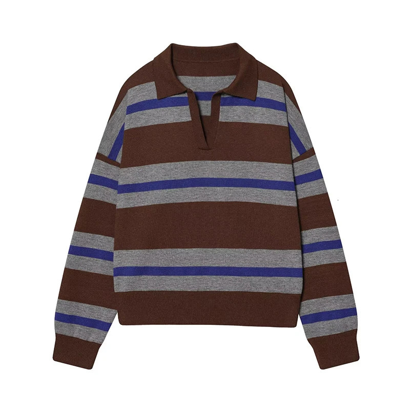 Womens Fashion Striped knitted Sweater Autumn Winter Polo Collar Long Sleeves Pullover Vintage Female Chic Tops 260306