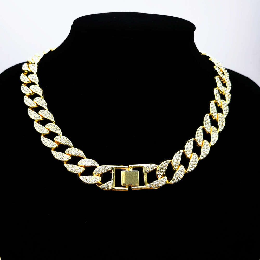 Manufacturer's foreign trade cross-border high-quality 15mm flat chain hip-hop Cuban necklace and rhinestone bracelet wholesale