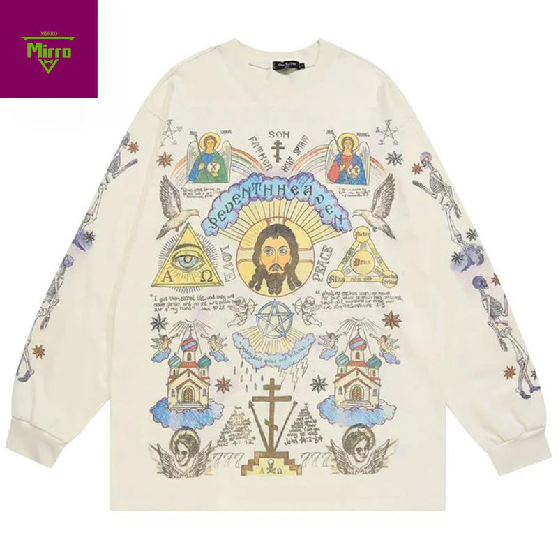 Men Retro Streetwear T Shirt Gods Graphic Hip Hop T-Shirt Cross Casual Tshirt Long Sleeve Cotton Tops Tees Unisex Hipster Beige 260304