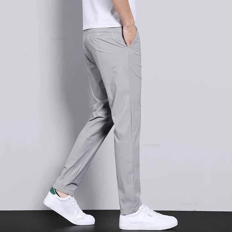 Ultra-thin Elastic Mens Casual Trousers Summer Quick-drying Ice Silk Slim Straight Business Solid Color Trousers Black Gray 260306