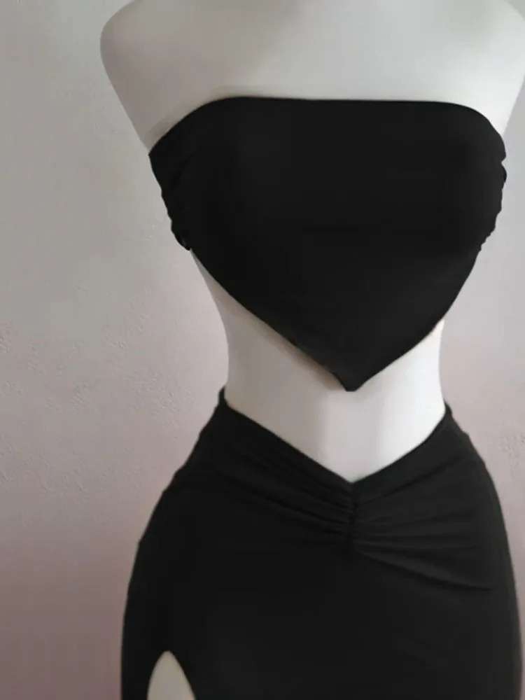 Strapless Backless Crop Top High Waist Skirt 2 Piece Set Women Summer Sexy Slim Fit Split Midi Dress Tube Suits Party Club Sets 260306