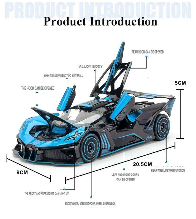 1/24 Alloy Bugatti Bolide Sports Car Diecast Model Toy Simulation Vehicle Pull Back Sound Light Collection Toys for Kids Gifts Z260306