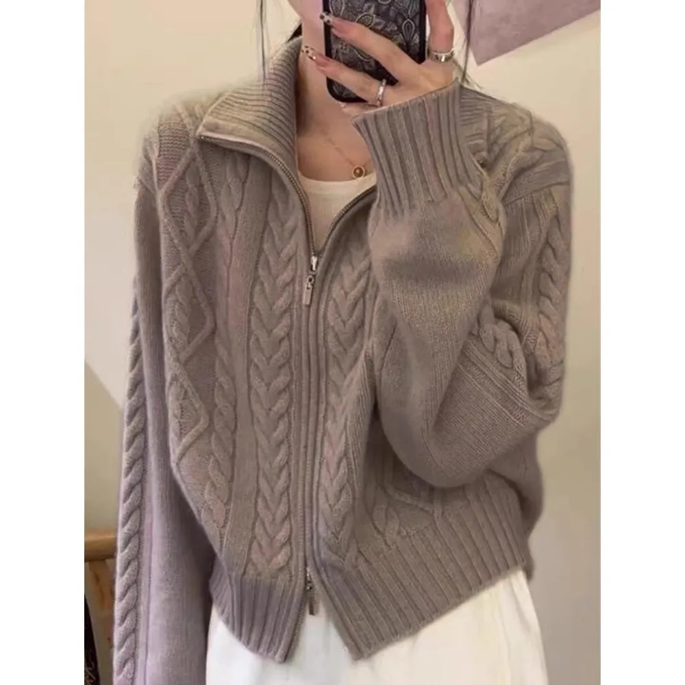 100shmere cardigan for women high neck loose and soft sweater for autumn and winter wool knitted sweater thickened coat 260305