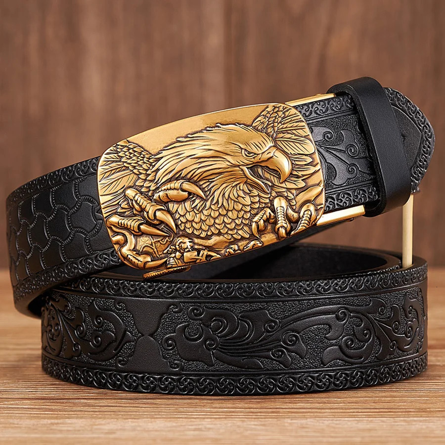 35CM Eagle Automatic Buckle Belt Emboss Cowskin Belt Quality Men Wasitbad Strap Genuine Leather Gift Business Belt For Jeans 260302