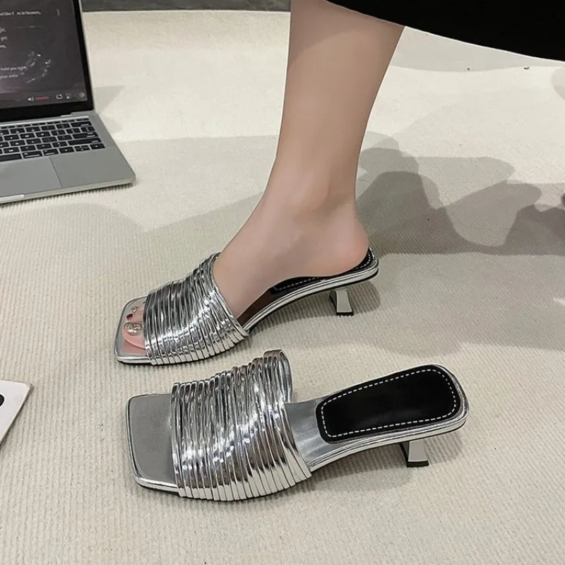 Square Toe Stiletto Sandals for Women Summer Shiny Solid Color High Heels Casual Half Slippers Shoes for Women Sandals 260306