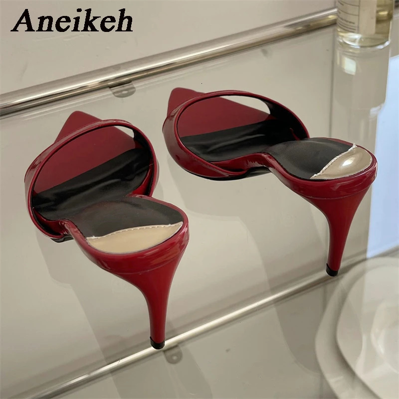 Aneikeh Fashion Sexy PU Shallow Slim High Heels Women Pointed Open Toe Outdoor Solid Color Anti Slip Sandals Slippers Mules 260306