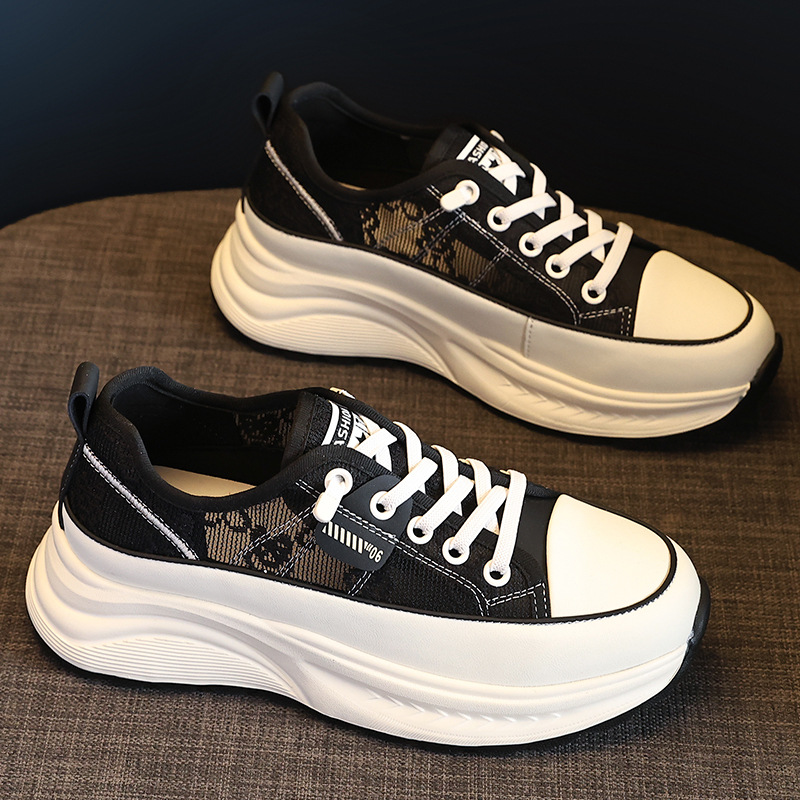 Free Shipping 2026 Women's Black & White Lace Panel Platform Sneakers, Chunky Sole Casual Shoes 34-40