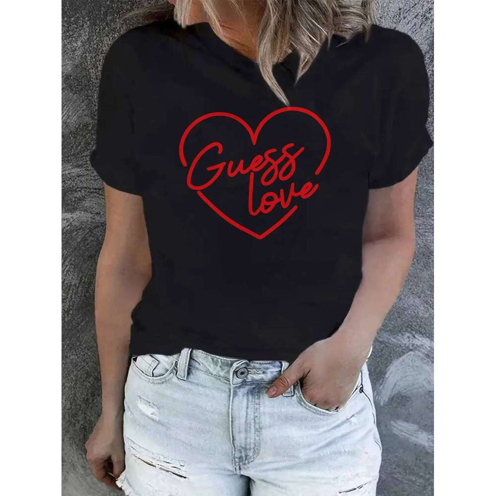 Ladies' casual short sleeved T-shirt - red heart-shaped printed round neck top XJ260306