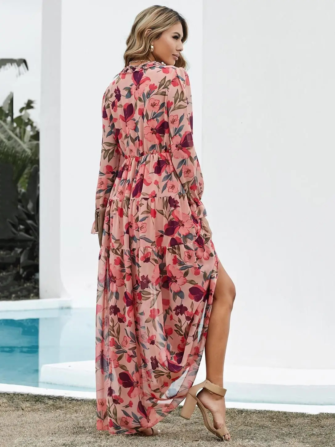 Elegant Floral Print Women Dress Spring Summer Casual Ruffle Layered Long Sleeved Chiffon A Line Maxi Party Vestidos 260306