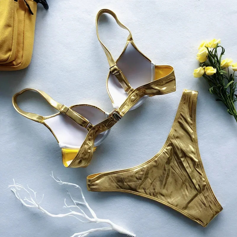 Metallic Summer Push Up Padded Bra Bathing Suit Beach Wear Women Sexy Thong Bikini Set Silver Gold Drop Biquini Swimwear 260306
