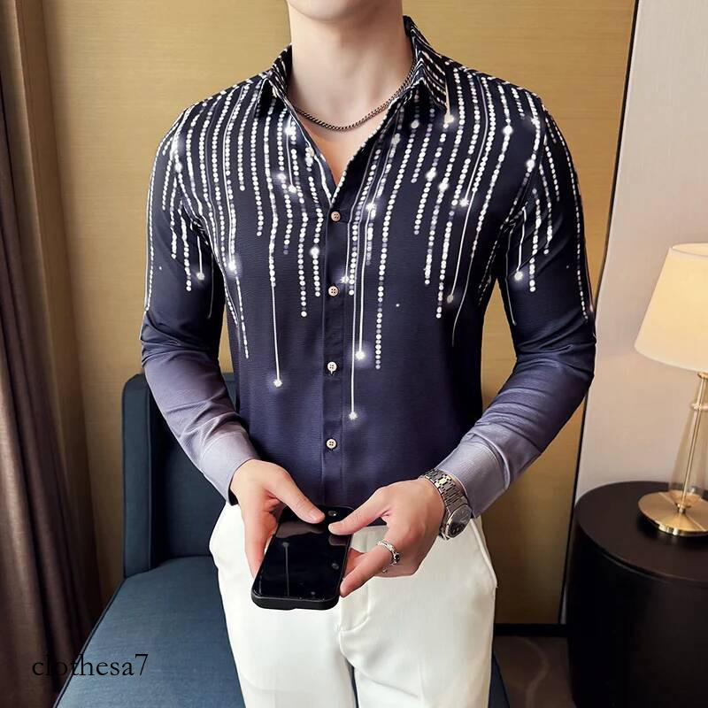 Men's Gradient Pleated Printed High-quality and Fashionable Social Dress Shirt Casual Slim Fit Long Sleeved
