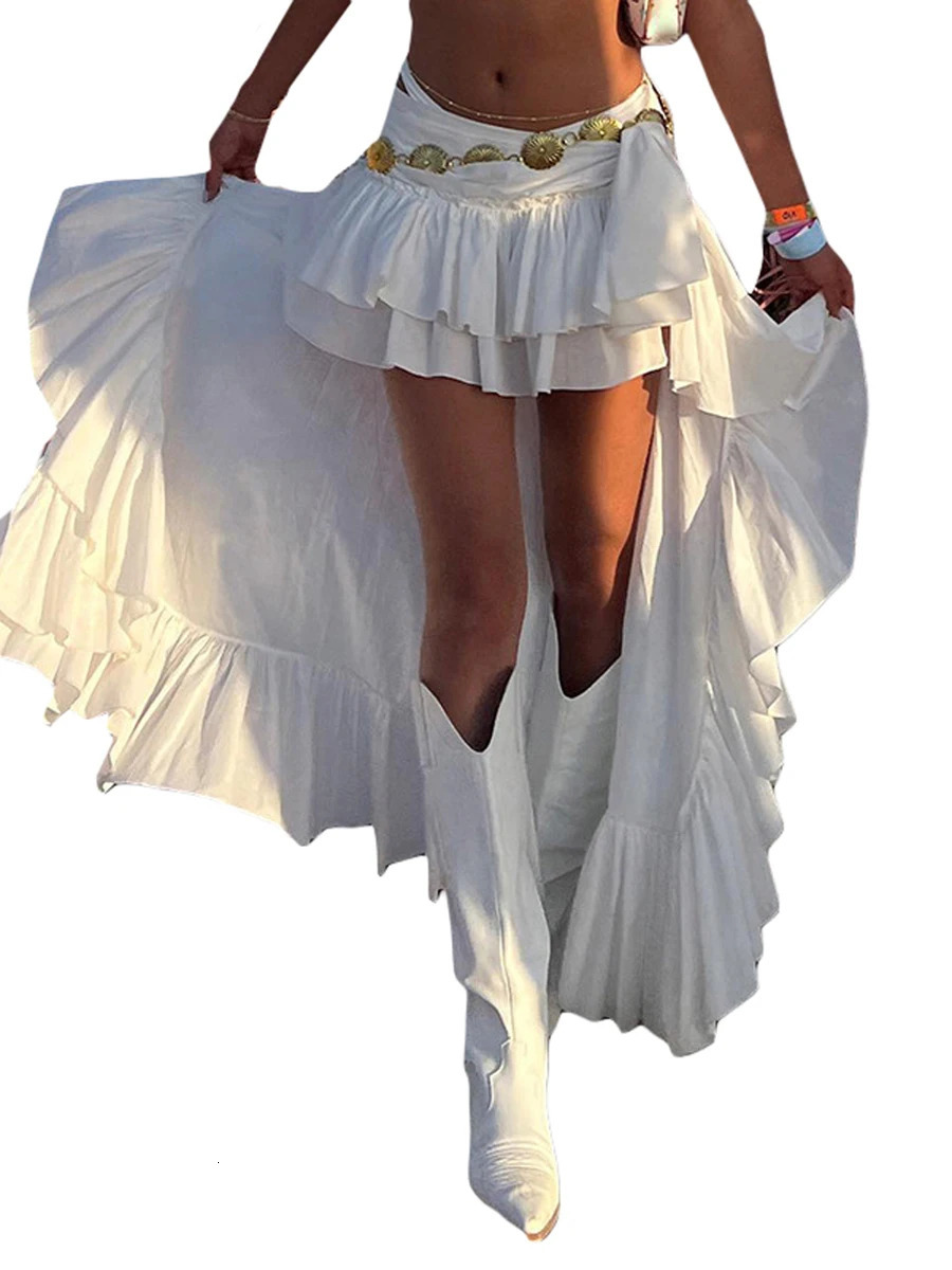 Womens Elastic Band Waist Flowy Skirt Irregular Ruffle Asymmetrical Midi White Boho Skirt Streetwear 260306