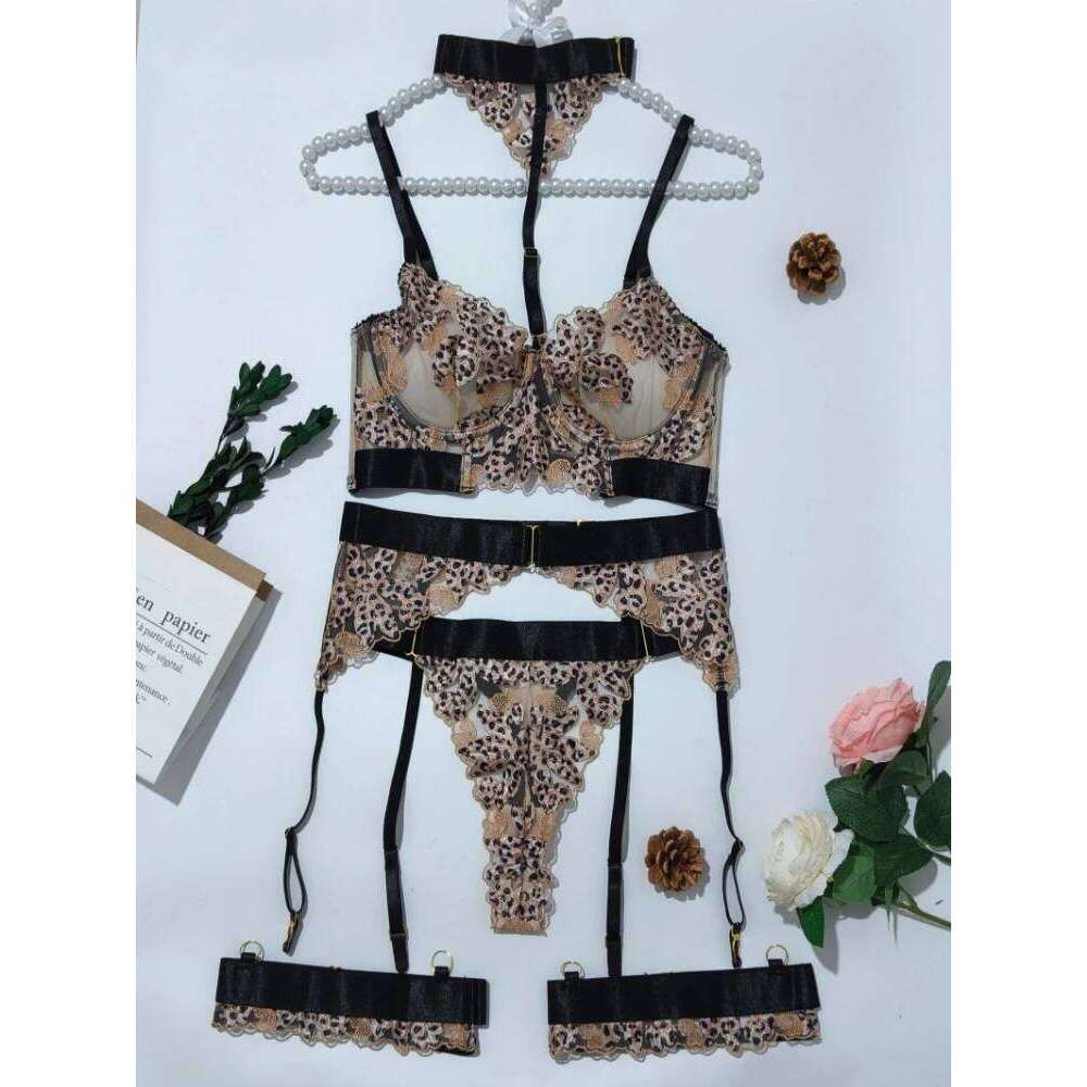Bikini Sexy Women's Embroidered Halter Leopard Print Sheer Mesh Patchwork Lingerie Set Y260303