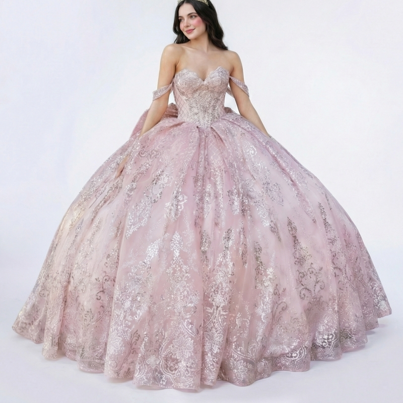 Pink Quinceanera Dresses Ball Gown Off The Shoulder Sequin Applique Lace Beading Crystal Bow Tull Corset Party Birthday Sweet 16 Vestidos 15 De Anos