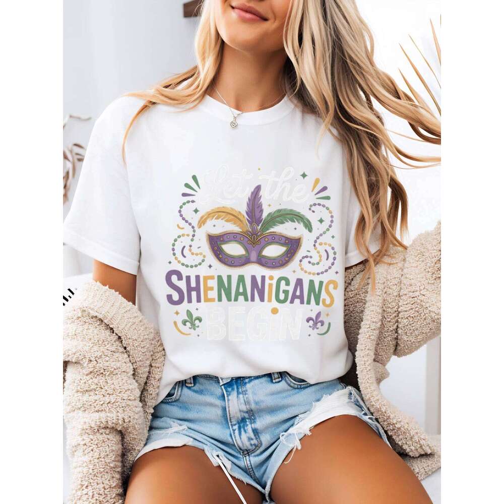 Mardi Gras Mask and Shenanigans Text Print T-Shirt Carnival Festival Women Casual Wear White Plus-Size XJ260306 XJ260306