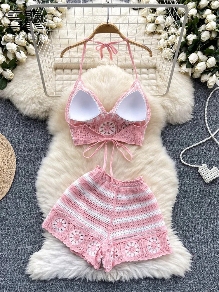 SINGREINY Beach Vacation Knit 2pcs Suits Women Halter Sleeveless Lace Up CamisElastic Waist Shorts Hook Flower Hollow Set 260306
