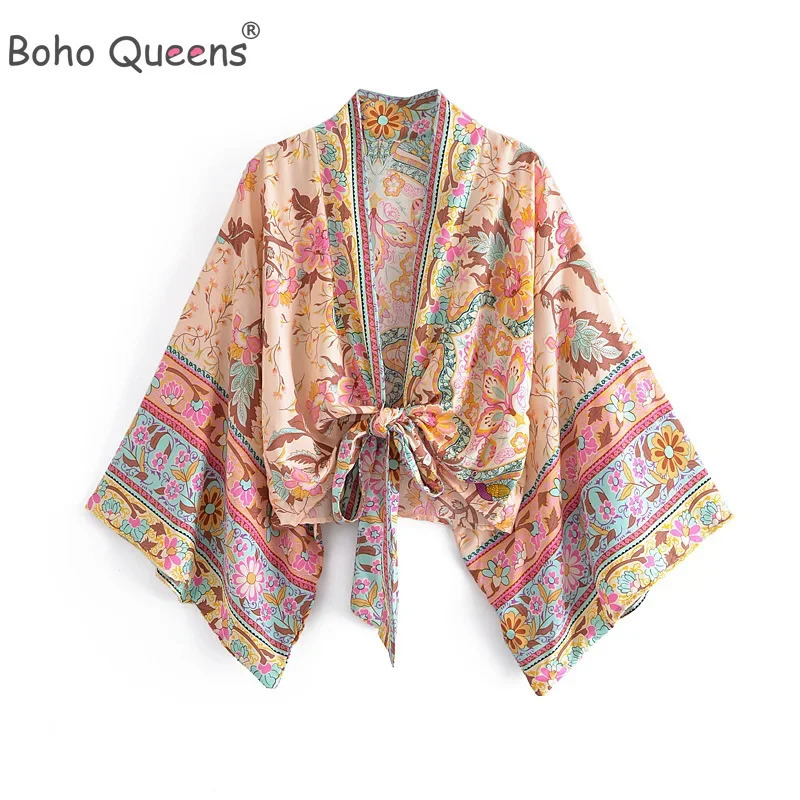 Boho Queens Vintage Floral Print Sashes Short Kimono Women Fashion V Neck Batwing Sleeves Ladies Beach Robe Coverups 260228
