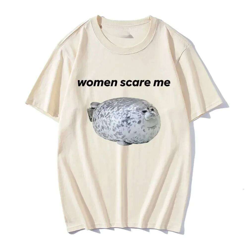 Scare Me Funny Seal Meme Graphic Print Tee Women Casual T-shirt Humor T Shirt Novelty T-Shirt Japanese Tops XJ260306
