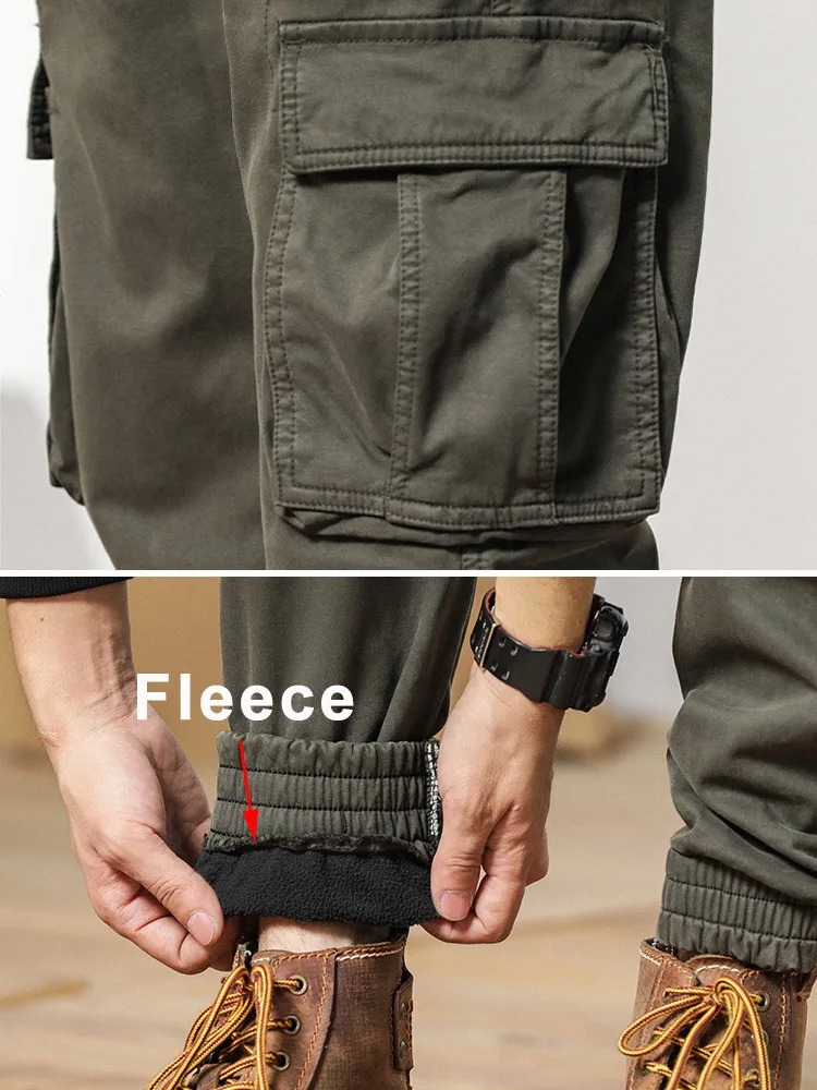 Multi-Pockets Winter Cargo Pants Men Fleece Liner Thick Warm Slim Fit Joggers Streetwear Casual Cotton Thermal Trousers 260305