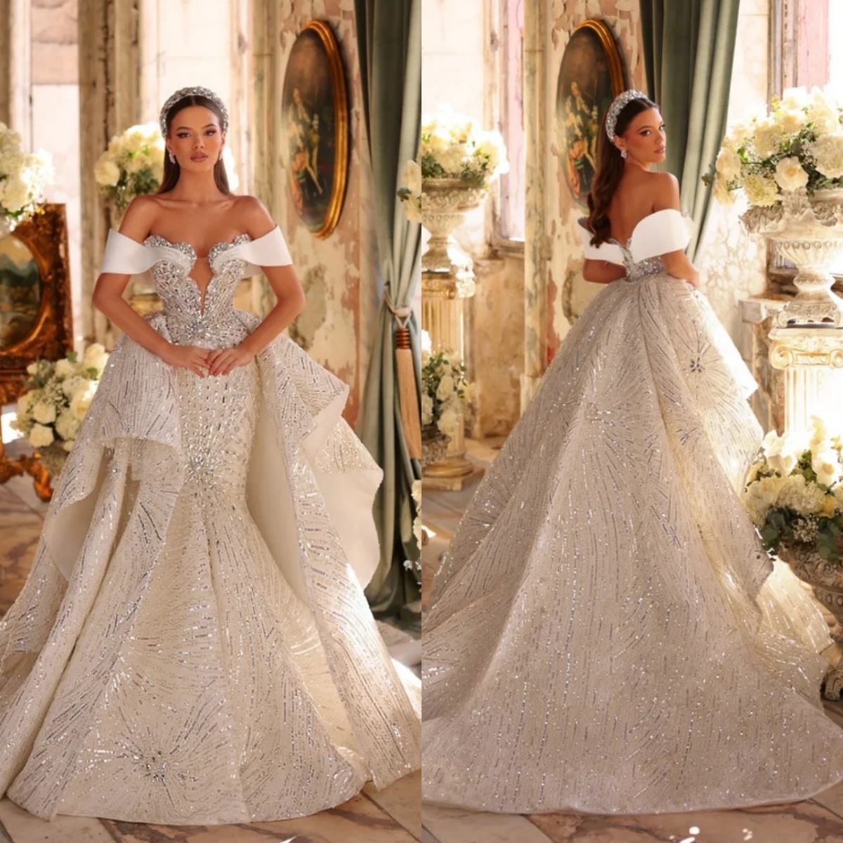 Royal Off The Shoulder Mermaid Wedding Dress Elegant Sequined Lace Bridal Gown Floor Length Bride Dresses Customized