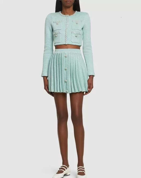 2026 autumn a3 and winter designer fashionable and elegant sequin diamond button short jacket and pleated skirt set